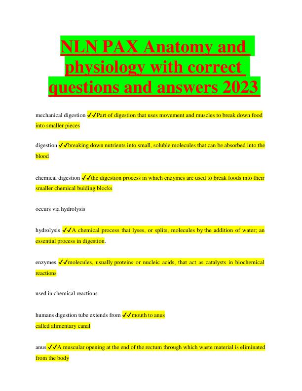 NLN PAX Anatomy and  physiology with correct  questions and answers 2023 | (Complete 100%A+ Guide)