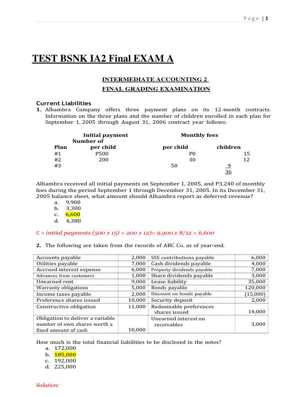 Intermediate Accounting 2 Final Grading Exam KEY ANSWERS- Far Eastern (Complete 100%A+ Guide)