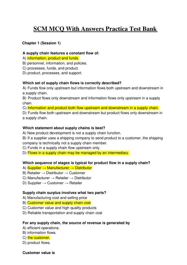 SCM MCQ With Answers Practica Test Bank (Complete 100%A+ Guide)