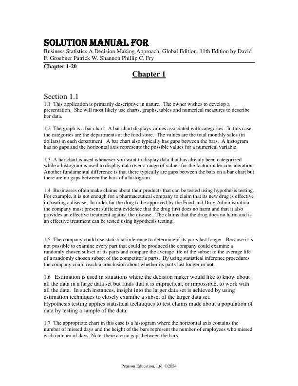 Solution Manual For Business Statistics A Decision Making Approach, Global Edition, 11th Edition by David F. Groebner Patrick W. Shannon Phillip C. Fry Chapter 1-20