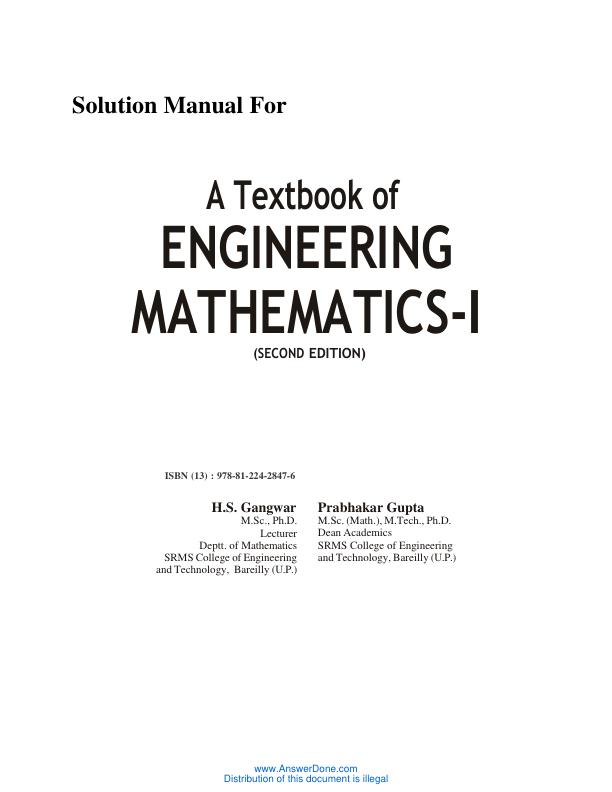 Solution Manual For A Textbook of Engineering Mathematics-I 2nd Edition by H.S. Gangwar Prabhakar Gupta | Unit 1-5