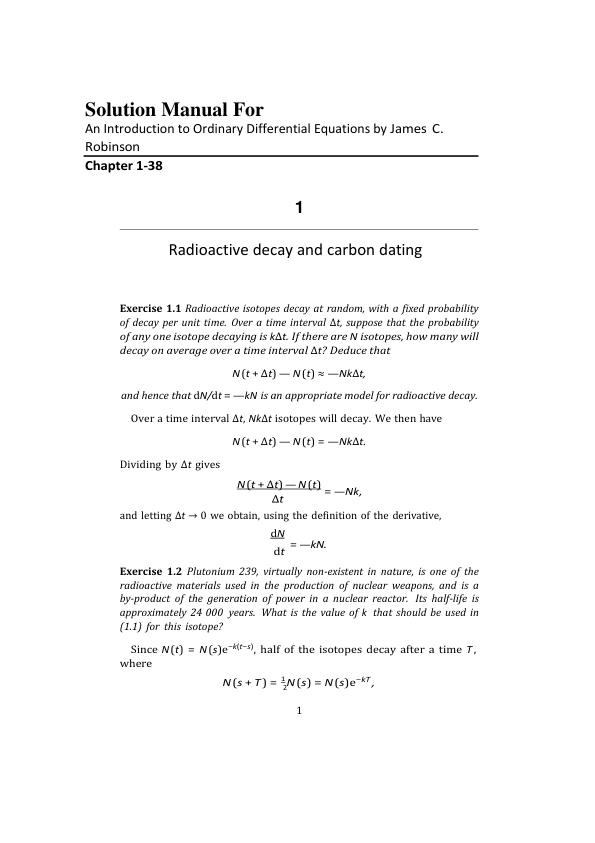 Solution Manual For An Introduction to Ordinary Differential Equations by James C. Robinson Chapter 1-38 | (Complete 100%A+ Guide)