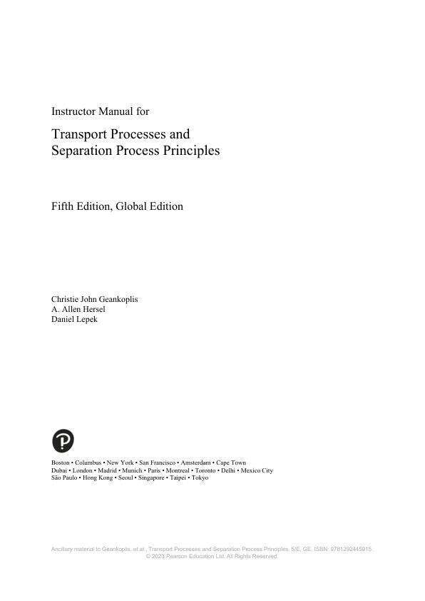 Solution Manual For Transport Processes and Separation Process Principles, Global Edition, 5th Edition by Christie John Geankoplis