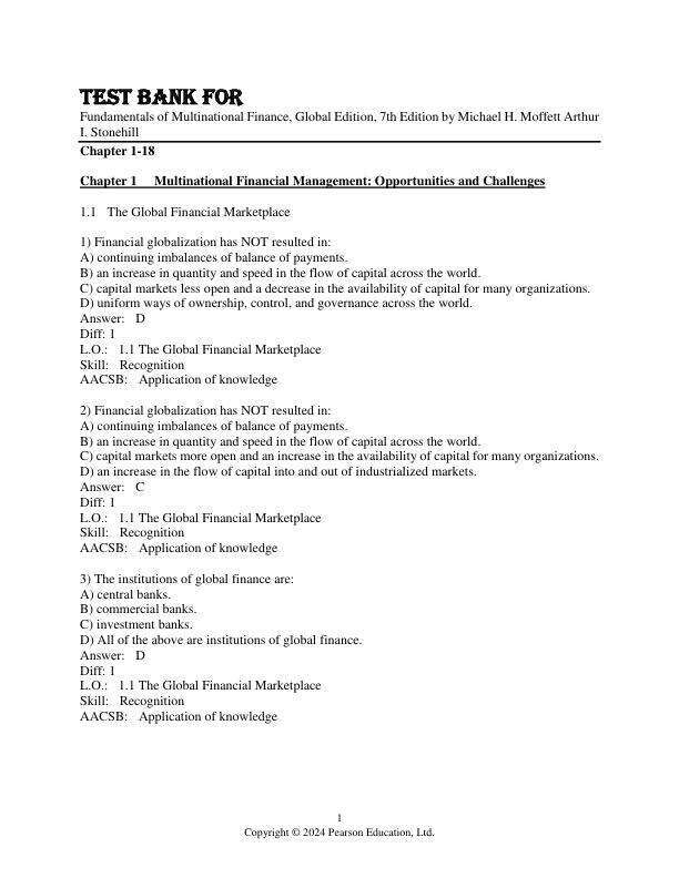 Test Bank For Fundamentals of Multinational Finance, Global Edition, 7th Edition by Michael H. Moffett Arthur I. Stonehill