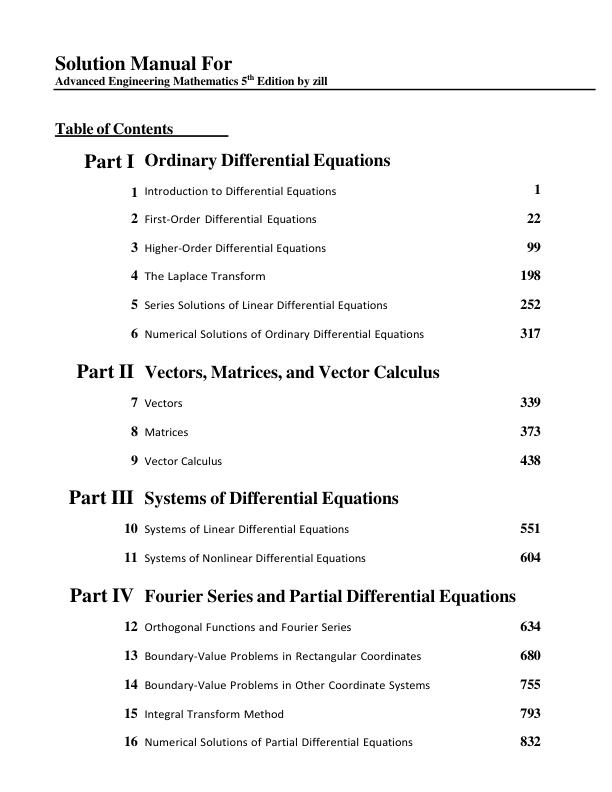 Solution Manual For Advanced Engineering Mathematics 5th Edition by zill Part(I-V) | With Appendix and Projects
