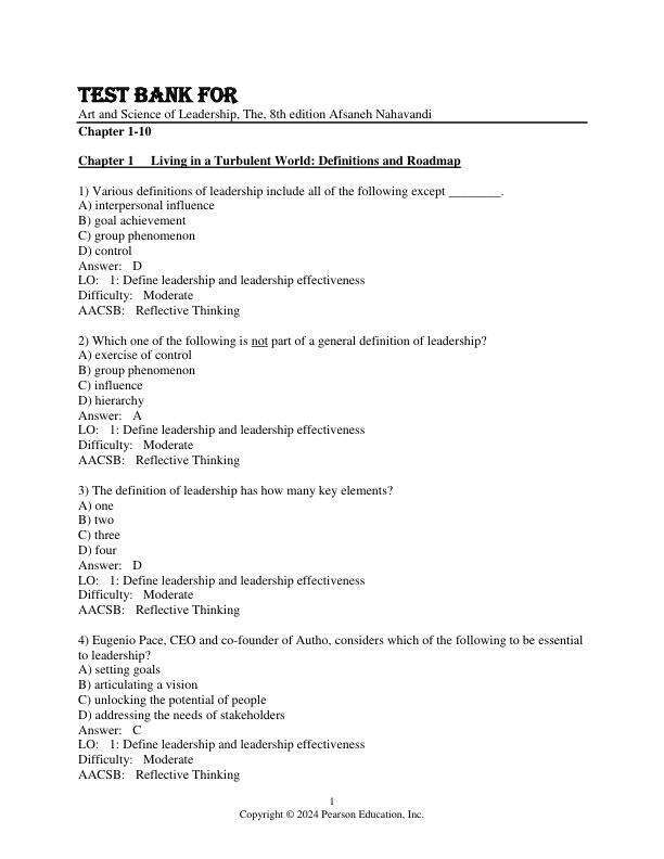 Test Bank For Art and Science of Leadership, The, 8th Edition by Afsaneh Nahavandi Chapter 1-10 Start