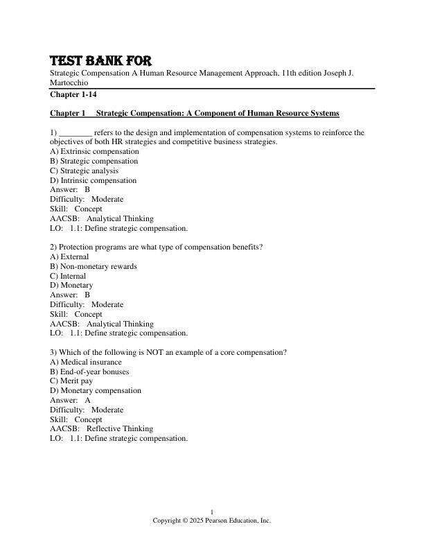 Test Bank For Strategic Compensation A Human Resource Management Approach, 11th Edition by Joseph J. Martocchio Chapter 1-14