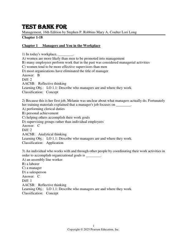 Test Bank For Management, 16th Edition by Stephen P. Robbins Mary A. Coulter Lori Long Chapter 1-18