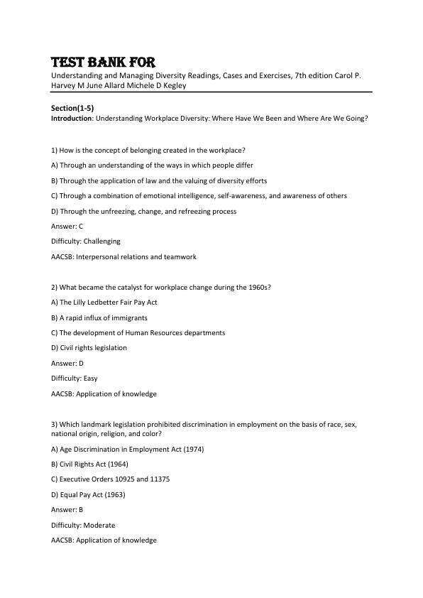 Test Bank For Understanding and Managing Diversity Readings, Cases and Exercises, 7th Edition by Carol P. Harvey M June Allard Michele D Kegley Section 1-5