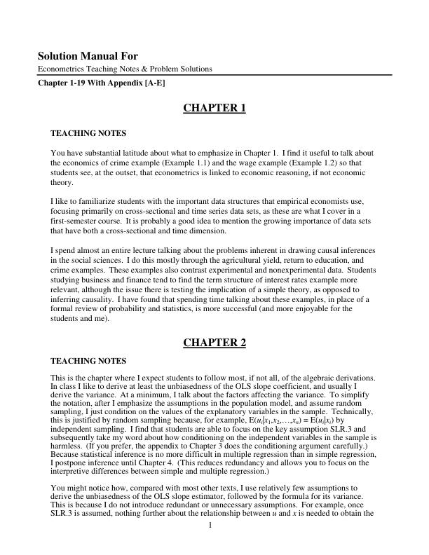 Solution Manual For Econometrics Teaching Notes & Problem Solutions | Chapter 1-19 With Appendix [A-E] (Complete 100%A+ Guide)
