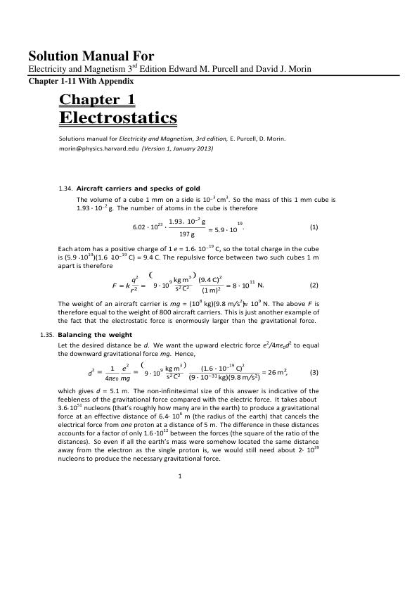 mobile-preview-Solution Manual For Electricity and Magnetism 3rd Edition Edward M. Purcell and David J. Morin | Chapter 1-11 With Appendix