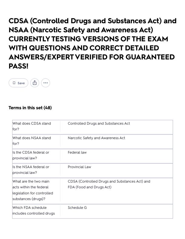 CDSA (Controlled Drugs and Substances Act) and NSAA (Narcotic Safety and Awareness Act) CURRENTLY TESTING VERSIONS OF THE EXAM WITH QUESTIONS AND CORRECT DETAILED ANSWERS_EXPERT VERIFIED FOR GUARANTEED PASS! Flashcards _ Quizlet