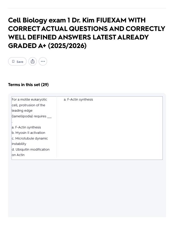 Cell Biology exam 1 Dr. Kim FIUEXAM WITH CORRECT ACTUAL QUESTIONS AND CORRECTLY WELL DEFINED ANSWERS LATEST ALREADY GRADED A+ (2025_2026) Flashcards _ Quizlet
