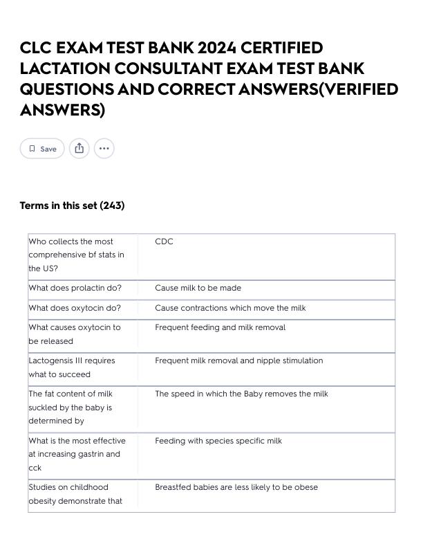 CLC EXAM TEST BANK 2024 CERTIFIED LACTATION CONSULTANT EXAM TEST BANK QUESTIONS AND CORRECT ANSWERS(VERIFIED ANSWERS) Flashcards _ Quizlet