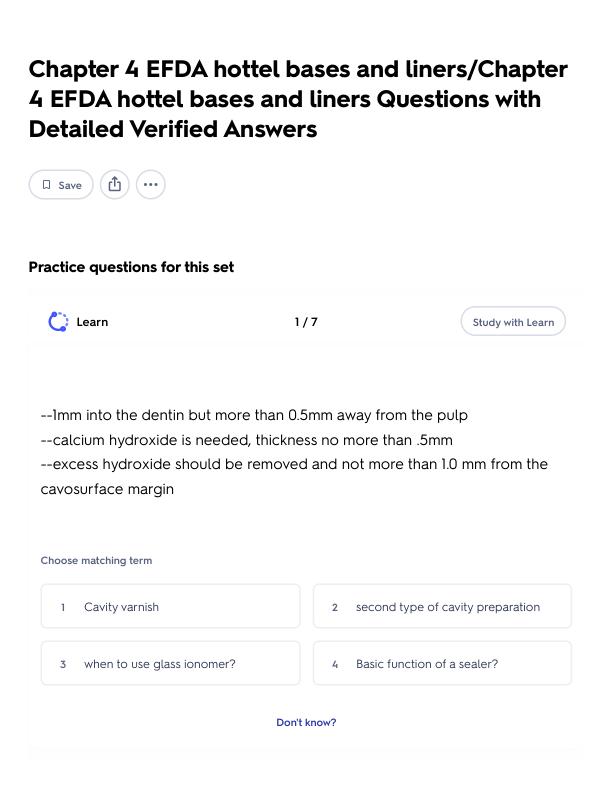 Chapter 4 EFDA hottel bases and liners_Chapter 4 EFDA hottel bases and liners Questions with Detailed Verified Answers Flashcards _ Quizlet