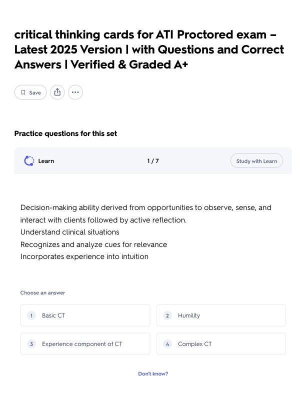 critical thinking cards for ATI Proctored exam – Latest 2025 Version _ with Questions and Correct Answers _ Verified & Graded A+ Flashcards _ Quizlet