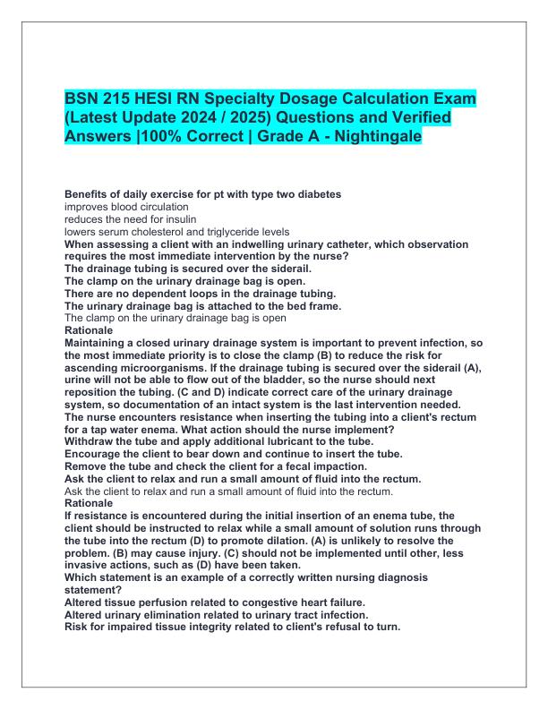 BSN 215 HESI RN Specialty Dosage Calculation Exam