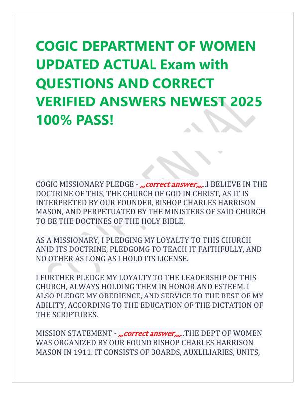 COGIC DEPARTMENT OF WOMEN UPDATED ACTUAL Exam with QUESTIONS AND CORRECT VERIFIED ANSWERS NEWEST 2025 100