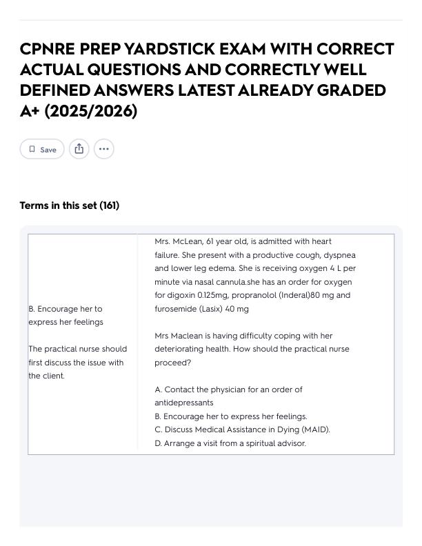 CPNRE PREP YARDSTICK EXAM WITH CORRECT ACTUAL QUESTIONS AND CORRECTLY WELL DEFINED ANSWERS LATEST ALREADY GRADED A+ (2025_2026) Flashcards _ Quizlet