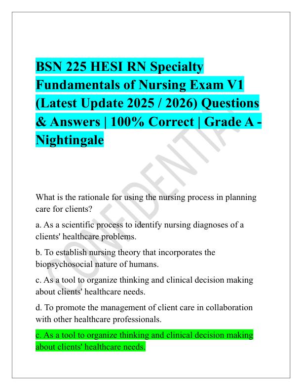 BSN 225 HESI RN Specialty Fundamentals of Nursing Exam V1