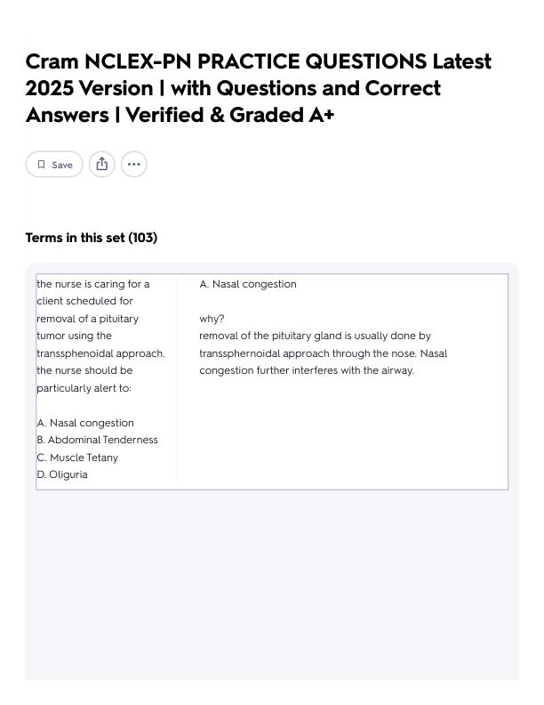 Cram NCLEX-PN PRACTICE QUESTIONS Latest 2025 Version _ with Questions and Correct Answers _ Verified & Graded A+ Flashcards _ Quizlet