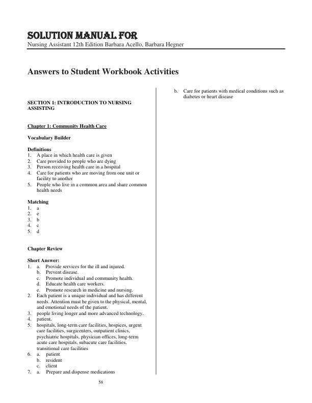 Solution Manual For Nursing Assistant 12th Edition by Barbara Acello, Barbara Hegner