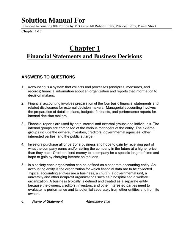 Solution Manual For Financial Accounting 8th Edition by McGraw-Hill Robert Libby, Patricia Libby, Daniel Short | Chapter 1-13