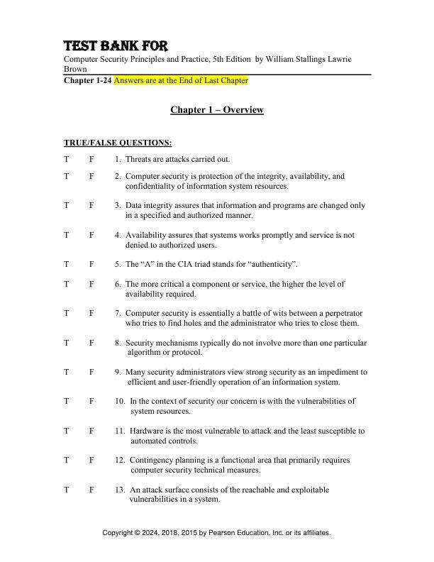 Test Bank For Computer Security Principles and Practice, 5th Edition by William Stallings Lawrie Brown