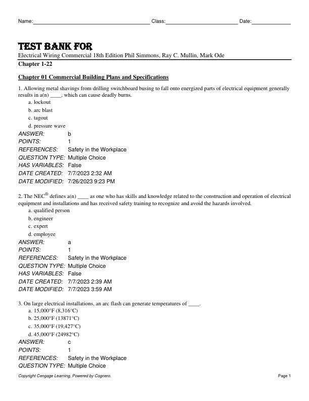 Test Bank For Electrical Wiring Commercial 18th Edition by Phil Simmons, Ray C. Mullin, Mark Ode Chapter 1-22