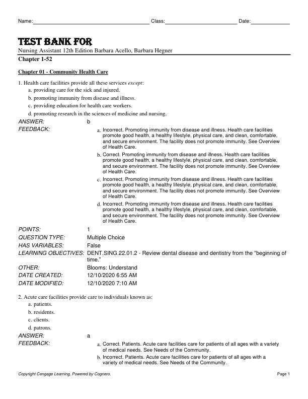 Test Bank For Nursing Assistant 12th Edition by Barbara Acello, Barbara Hegner Chapter 1-52