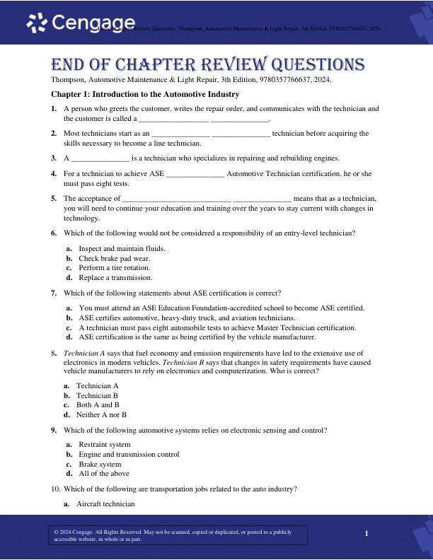 Chapter End Review Questions Automotive Maintenance & Light Repair 3rd Edition by Rob Thompson Chapter 1-27