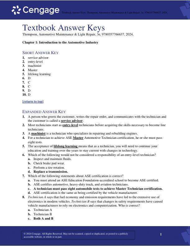 Answer Keys-Textbook Automotive Maintenance & Light Repair 3rd Edition by Rob Thompson Chapter 1-27