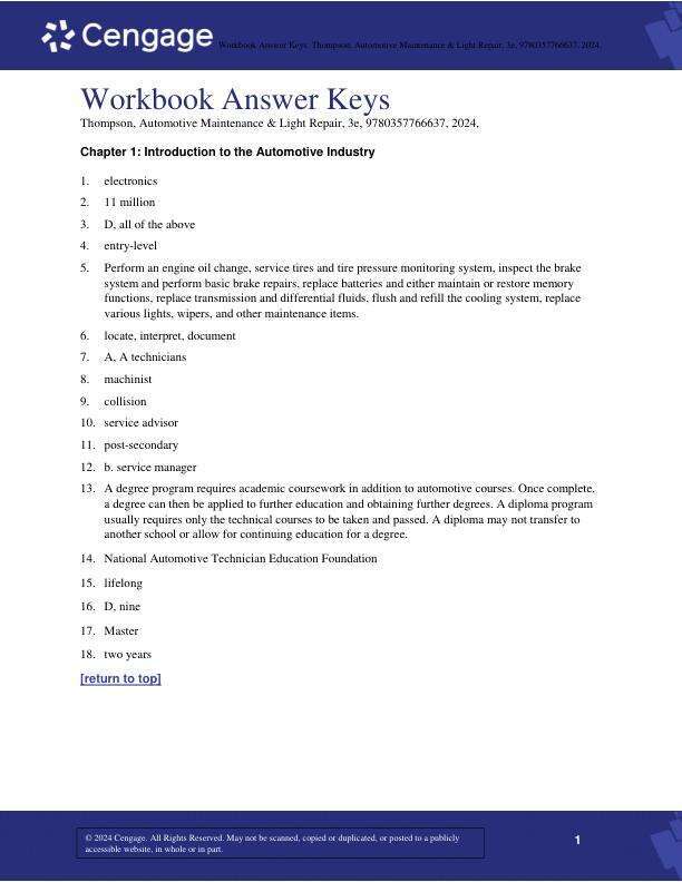Answer Keys-Workbook Automotive Maintenance & Light Repair 3rd Edition by Rob Thompson Chapter 1-27