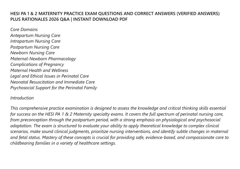 HESI PA 1 & 2 MATERNITY PRACTICE EXAM QUESTIONS AND CORRECT ANSWERS (VERIFIED ANSWERS)