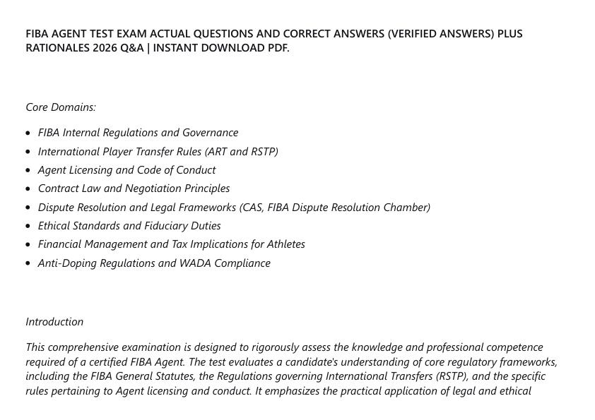 FIBA AGENT TEST EXAM ACTUAL QUESTIONS AND CORRECT ANSWERS (VERIFIED ANSWERS) PLUS