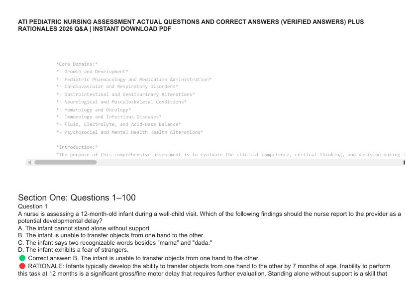 ATI PEDIATRIC NURSING ASSESSMENT ACTUAL QUESTIONS AND CORRECT ANSWERS (VERIFIED ANSWERS) PLUS