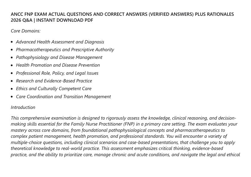 ANCC FNP EXAM ACTUAL QUESTIONS AND CORRECT ANSWERS (VERIFIED ANSWERS) PLUS RATIONALES
