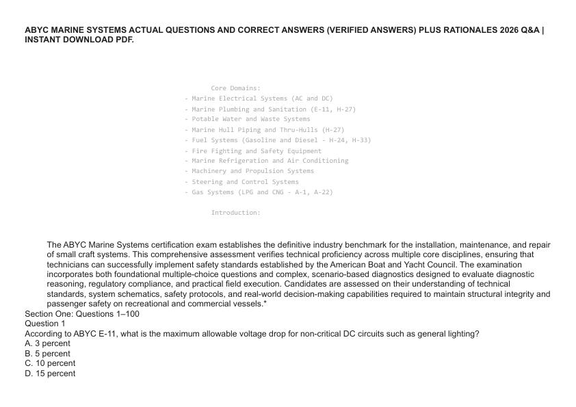 ABYC MARINE SYSTEMS ACTUAL QUESTIONS AND CORRECT ANSWERS (VERIFIED ANSWERS) PLUS RATIONALES 2026 Q&A