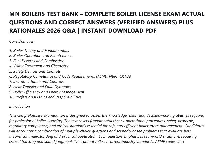 MN BOILERS TEST BANK – COMPLETE BOILER LICENSE EXAM ACTUAL
