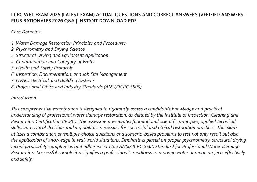IICRC WRT EXAM 2025 (LATEST EXAM) ACTUAL QUESTIONS AND CORRECT ANSWERS (VERIFIED ANSWERS)