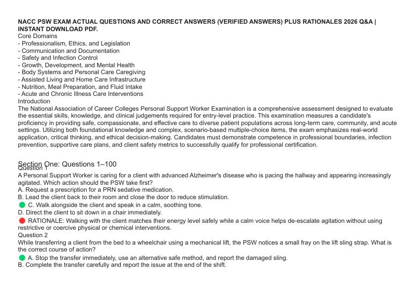 NACC PSW EXAM ACTUAL QUESTIONS AND CORRECT ANSWERS (VERIFIED ANSWERS) PLUS RATIONALES 2026 Q&A