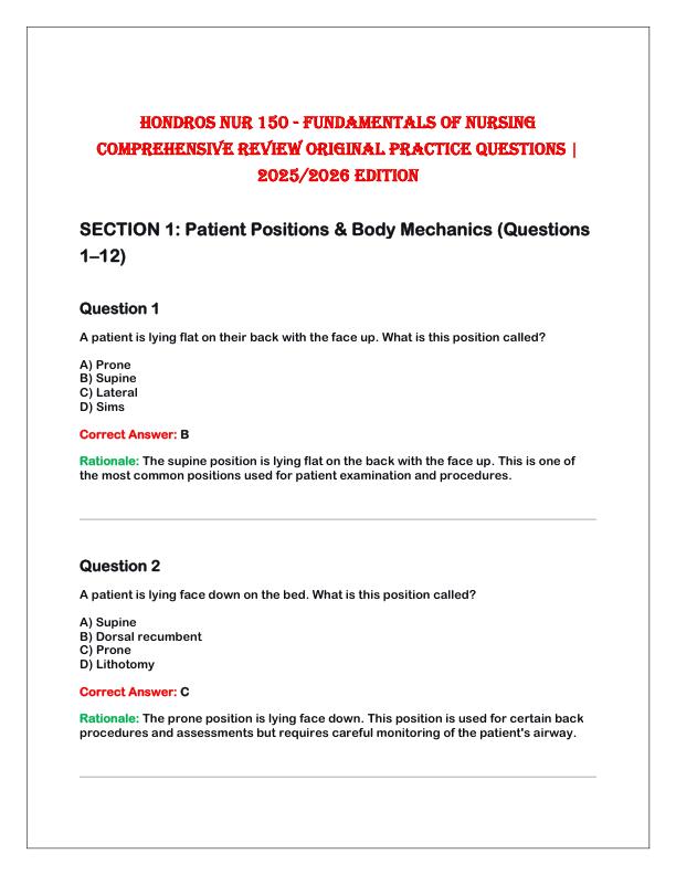 mobile-preview-HONDROS NUR 150 - FUNDAMENTALS OF NURSING COMPREHENSIVE REVIEW Original Practice Questions | 2025/2026 Edition 