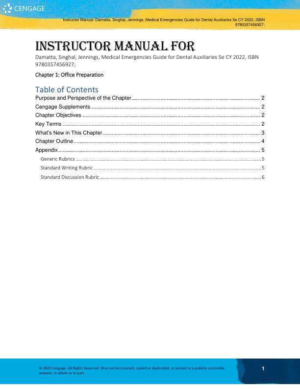 Instructor Manual For Medical Emergencies Guide For Dental Auxiliaries 5th Edition by Melissa Damatta, Vaishali Singhal, Debra Jennings Chapter 1-14