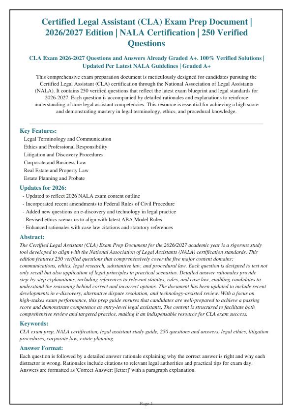 CLA Exam 2026-2027 Questions and Answers Already Graded A+. 100% Verified Solutions | Updated Per Latest NALA Guidelines | Graded A+