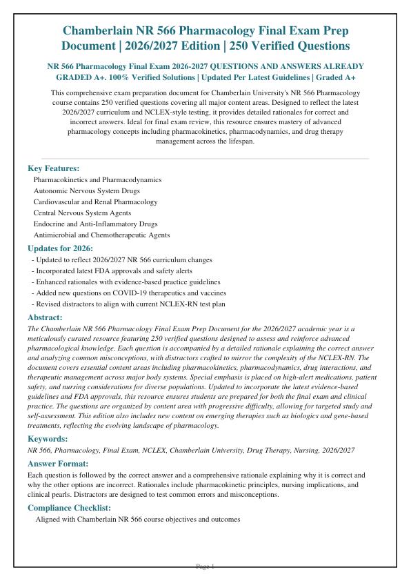 NR 566 Pharmacology Final Exam 2026-2027 QUESTIONS AND ANSWERS ALREADY GRADED A+. 100% Verified Solutions | Updated Per Latest Guidelines | Graded A+