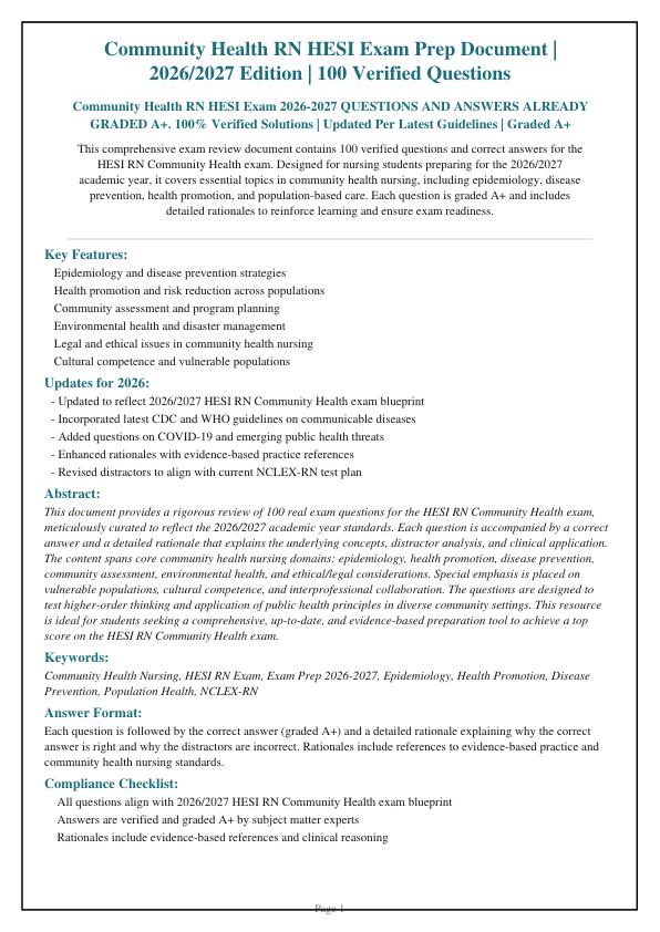Community Health RN HESI Exam 2026-2027 QUESTIONS AND ANSWERS ALREADY GRADED A+. 100% Verified Solutions | Updated Per Latest Guidelines | Graded A+
