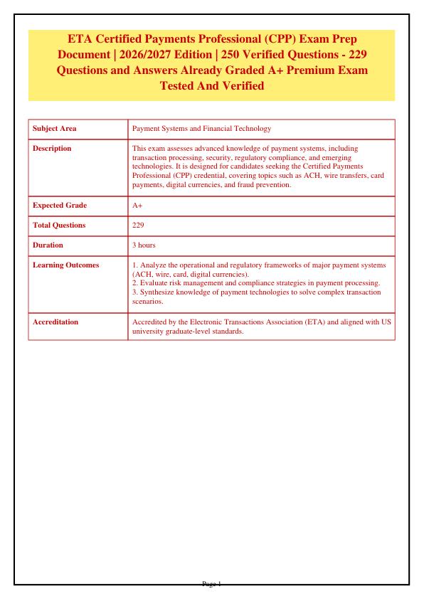 ETA Certified Payments Professional (CPP) Exam Prep Document | 2026/2027 Edition | 250 Verified Questions - 229 Questions and Answers Already Graded A+ Premium Exam Tested And Verified