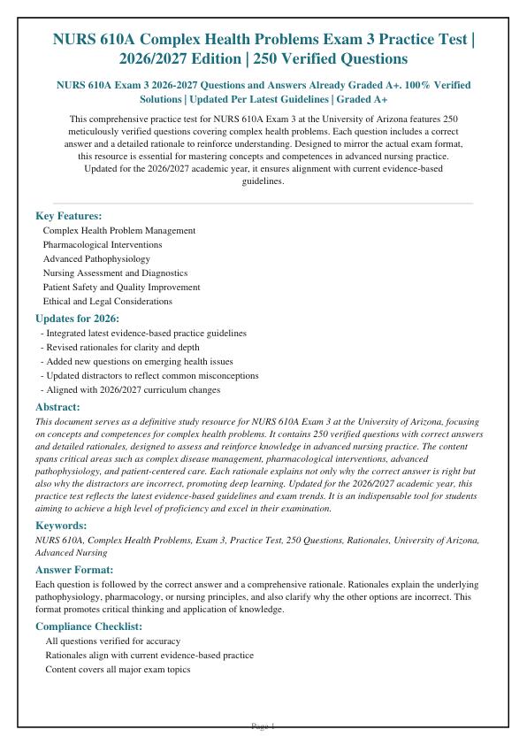 NURS 610A Exam 3 2026-2027 Questions and Answers Already Graded A+. 100% Verified Solutions | Updated Per Latest Guidelines | Graded A+