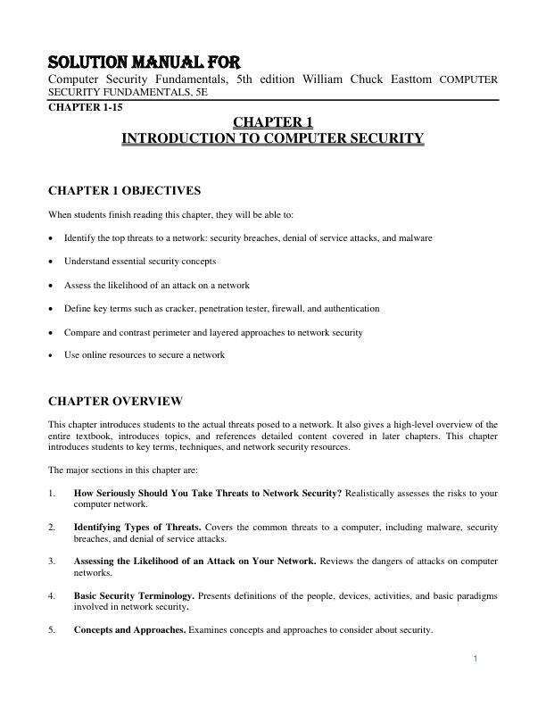 Solution Manual For Computer Security Fundamentals, 5th Edition by William Chuck Easttom Chapter 1-15