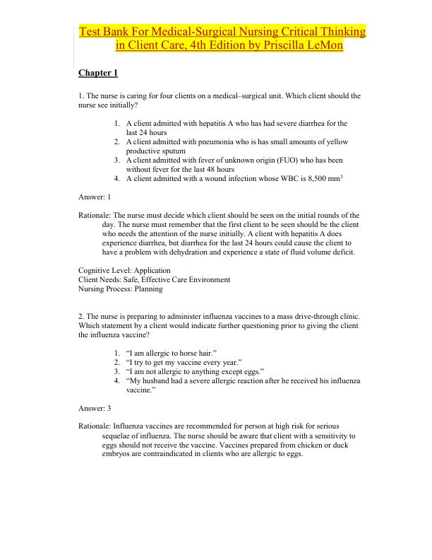 Accredited Test Bank for Medical-Surgical Nursing Critical Thinking in Client Care 4th Edition by Priscilla LeMon | Complete Chapters 1–52 | Verified Questions & Answers